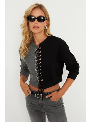 TeknoKapsül Cool & Sexy Kadın Antrasit-Siyah Kuşgözlü Kısa Sweatshirt TF02