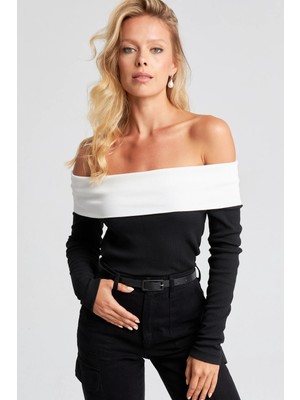 TeknoKapsül Cool & Sexy Kadın Siyah-Beyaz Madonna Yaka Kaşkorse Bluz EY2665