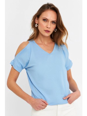 TeknoKapsül Cool & Sexy Kadın Mavi Omuzları Açık Bluz BR1329