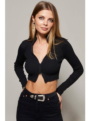 TeknoKapsül Cool & Sexy Kadın Siyah Çift Fermuarlı Kısa Bluz B1480