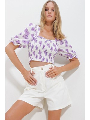 TeknoKapsül Trend Alaçatı Stili Kadın Lila-Beyaz Kare Yaka Karpuz Kol Gipeli Crop Keten Bluz ALC-X11651