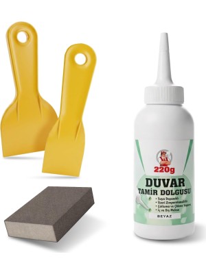 Nacario (4'lü) Duvar Tamir Seti (1 Adet) Beyaz 220 gr Dolgu Macunu 2 Adet Spatula + Kübik Zımpara