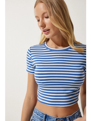TeknoKapsül Happiness Istanbul Kadın Mavi Çizgili Crop Örme T-Shirt NJ00139