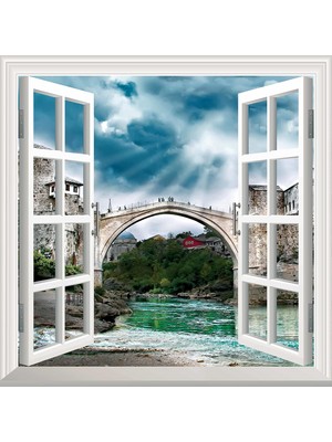 Nacario Pencere Poster Duvar Kağıdı Mostar Köprüsü Yapışkanlı Sticker