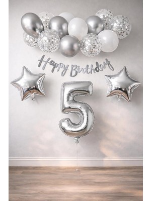 Nacario Gumus Konsept Dogum Gunu Kutlama Seti Beyaz Gumus Konfetili Balon Rakam Yıldız Folyo ve Banner (5 Yaş)