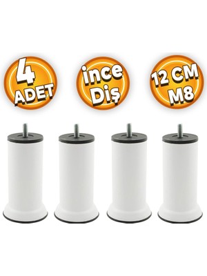 Nacario BADEM10 Mobilya Baza Metal Kanepe Koltuk Destek Ayağı M8 Civatalı Ince Diş Beyaz Metal Ayak 12 cm (4 Adet)