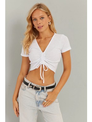 TeknoKapsül Cool & Sexy Kadın Beyaz-Mavi Ikili Büzgülü Bluz AYD305