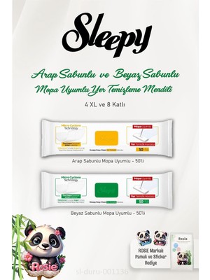 Nacario Sleepy Arap Sabun Katkılı 50'li, Beyaz Sabun Katkılı 50'li 4 Xlarge Yer Temizlik Havlusu ve Rosıe Pamuk 60'lı