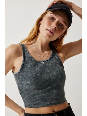 TeknoKapsül Happiness Istanbul Kadın Antrasit Halter Yaka Yıkamalı Crop Örme bluz NJ00135