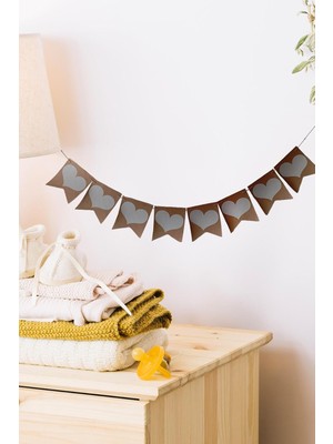 Nacario Kraft Üzeri Beyaz Kalp 8 Li Retro Banner Süs 120 cm x 17 cm