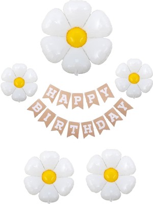 Nacario Happy Birthday Banner ve 5 Li Papatya Folyo Balon Seti Parti Kutlama Seti