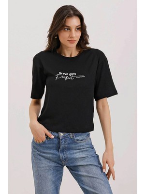 TeknoKapsül Bigdart 0472 Baskılı Oversize Örme Tişört - Siyah