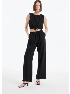 Quzu Beli Lastikli Bol Paça Siyah Kadın Pantolon PNT00454