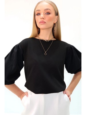 TeknoKapsül Trend Alaçatı Stili Siyah Geniş Yaka Poplin Karpuz Kollu Iki Iplik Bluz ALC-X13483