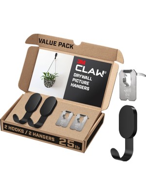 Nacario 3m Claw 25 Lbs. Alçıpan Kanca ve Resim Askısı Seti, Ev Dekoru ve Oda Dekoru Için Ağır Asma Çözümü, 2 Mat Siyah Kanca ve 2 Resim Askısı
