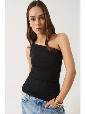 TeknoKapsül Bianco Lucci Kadın Drape Detaylı Tek Omuz Soft Touch Esnek Viskon Bluz 4013 60284028
