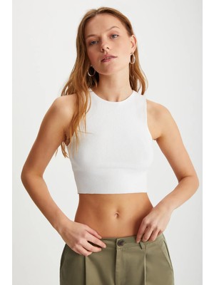TeknoKapsül Grımelange Tızıana Kadın Organik Pamuklu Fitilli Esnek Kumaşlı Crop Beyaz Bluz
