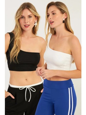 TeknoKapsül Cool & Sexy Kadın Siyah-Beyaz Tek Omuz Ikili Crop Bluz CG347