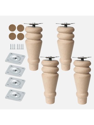 Nacario Bohem 12 cm (4 Adet) Doğal Boyasız Ahşap Ayak Silindir Mobilya Koltuk Kanepe Ayağı Montaj Aparatı