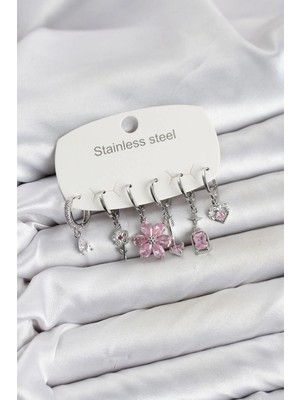 Ronanna Buğz 316L Çelik Gümüş Renk Pembe Zirkon Taşlı Lotus Detaylı Kadın Küpe Seti