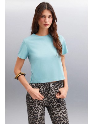 TeknoKapsül Grımelange Melany Kadın %100 Organik Pamuklu Bisiklet Yaka Basic Yeşil T-Shirt