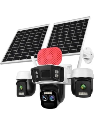 O-kam 4075 Çift Solar Smart Güvenlik Kamerası 4g Sim 3 Lens Sirenli Wifi Ptz