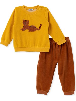 Hellobaby Erkek Bebek Kadife Pijama Takımı Hayvan Baskılı Çıtçıtlı Bisiklet Yaka Long Sleeve Ribanalı