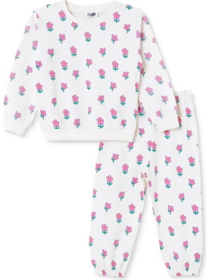Hellobaby Kız Bebek Eşofman Takımı Çiçek Baskılı Bisiklet Yaka Uzun Kol Lastikli