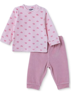 Hellobaby Kız Bebek Kadife Sweatshirt-Alt Kalp Baskılı Çıtçıtlı Bisiklet Yaka Uzun Kol Patiksiz