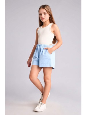 DeFacto %100 Pamuk Regular Fit Gabardin Elastik Bağlamalı Bel Açık Mavi Şort Kız Çocuk I0060A826HS