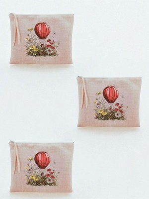 Nacario Uçan Balon Baskılı 3'lü Makyaj Çantası 20X25 cm Bej, LH839074235235234234