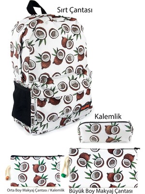Nacario 4'lü Set Hindistan Cevizi Desenli Sırt Çantası Kalemlik Makyaj Çantası Büyük Boy Makyaj Çantası