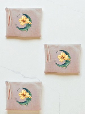 Nacario Ay ve Çiçek Baskılı 3'lü Makyaj Çantası 20X25 Cm, LH92740829352354234