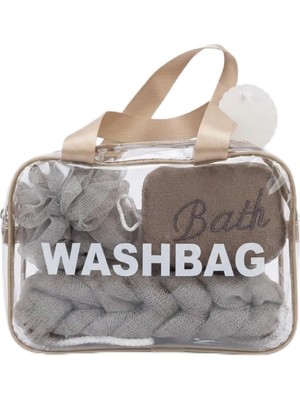 Nacario 4 Parça Şeffaf Banyo ve Makyaj Çantası Seti - Antrasit Gri Banyo Lifi, Örgülü Sırt Kesesi ve El Havlusu - Su Geçirmez Unisex Seyahat Organizeri (Washbag)