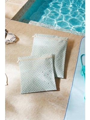Nacario Ocean Home Textile 2'li Su Geçirmez Pvc Astarlı Mint Dama Desen Islak Kuru Çantası 28 x 30/30 x 36 cm