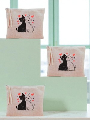 Nacario Kalpli Kedi Baskılı 3'lü Makyaj Çantası 20X25 cm - Seyahat Makyaj Çantası Bej, LH8920423523523512321