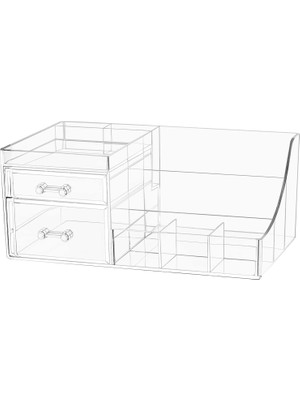 Nacario Cq Acrylic 2 Çekmeceli Şeffaf Makyaj Organizatörü, Makyaj Masası Veya Şifonyer Için Kozmetik Saklama Vitrini, Ruj, Fırça, Losyonlar, Göz Farı, Oje ve Takı Için Tezgah Üstü Tutucu