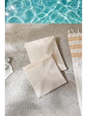 Nacario Ocean Home Textile 2'li Su Geçirmez Pvc Astarlı Bej Dama Desen Islak Kuru Çantası 28 x 30/30 x 36 cm