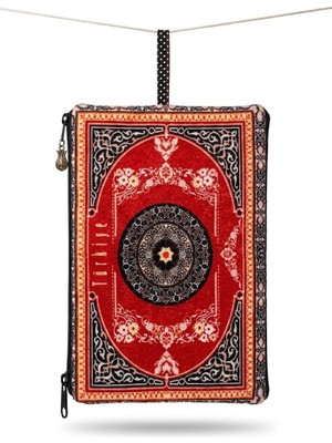 Nacario Türkiye Yazılı Otantik Türk Halı Motifli Fermuarlı El Çantası - Kırmızı Kilim Desenli Kadın Makyaj Çantası, Portföy Cüzdan ve Seyahat Organizeri Pouch