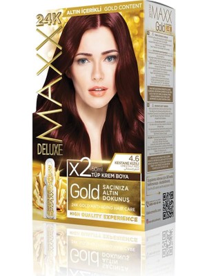 Nacario Maxx Deluxe Gold Serisi 24K Altın Parçacıklı Serum ile 1 Kutu 2 x 50 ml ve Geliştiriciler Saç Boyası (Kestsane Kızılı 4.6)