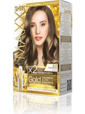 Nacario Maxx Deluxe Gold Serisi 24K Altın Parçacıklı Serum ile 1 Kutu 2 x 50 ml ve Geliştiriciler Saç Boyası (Açık Kumral 8.0)