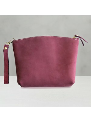 Nacario Kadın Clutch Çanta Bordo Orta Boy Hakiki Deri Bileklik Askılı Kadın Makyaj Çantası