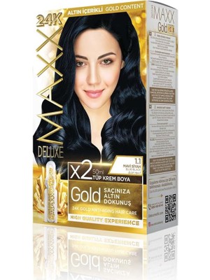 Nacario Maxx Deluxe Gold Serisi 24K Altın Parçacıklı Serum ile 1 Kutu 2 x 50 ml ve Geliştiriciler Saç Boyası (Mavi Siyah 1.1)