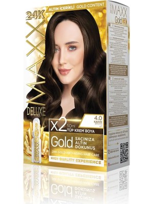 Nacario Maxx Deluxe Gold Serisi 24K Altın Parçacıklı Serum ile 1 Kutu 2 x 50 ml ve Geliştiriciler Saç Boyası (Kahve 4.0)