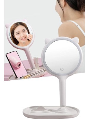 Nacario Buffer® Kedi Kulaklı Telefon Standlı Yuvarlak Dokunmatik LED Ayarlı Masa Üstü Makyaj Aynası