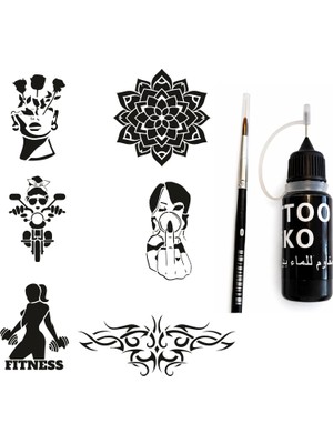 Nacario Mandala Fitness Likit Kalem Uçlu Siyah Geçici Dövme Seti Fırça ve Şablon Hediyeli