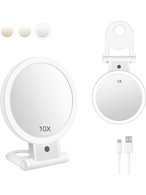 Nacario Mıleduo Işıklı Taşınabilir Büyüteç Aynası, Seyahat Makyaj Aynası, 2 Taraflı 1X/10X Işıklı Makyaj Aynası, Masa Üstü Işıklı Ayna, Makyaj Için 3 Renkli Aydınlatma, Cımbız, Siyah Nokta Temizleme