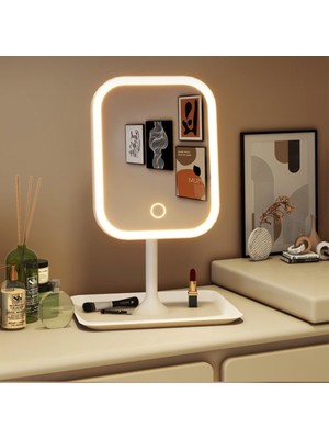 Nacario Duffa LED Işıklı Ayarlabilir Makyaj Aynası, USB Şarj Edilebilir, 3 Işık Fonksiyonu, Parlaklık Ayarlı ve Organizer Tabanlı Taşınabilir Kozmetik Ayna (Beyaz)