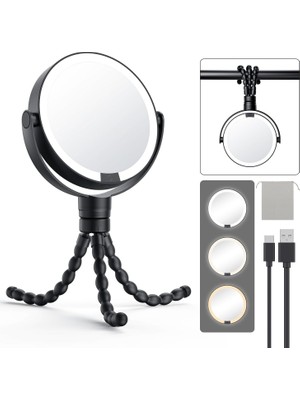 Nacario Gospire 5,85 Inç Tripod Işıklı Makyaj Aynası Işık ve Büyütme 1X/10X, 4'ü 1 Arada Elde Taşınabilir Asılı Sargı Ayakta Ayna, 3 Renk ve Ayar Işığı Yuvarlak Seyahat Aynası - Siyah