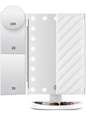 Nacario Işıklı Makyaj Aynası, 2x 3x 10X Büyütmeli Işıklı Makyaj Aynası, 21 LED Üç Katlı Kompakt Dokunmatik Karartma Işıklı Ayna, Çift Güç Kaynağı, Kadınlar Için Hediyeler (Beyaz)